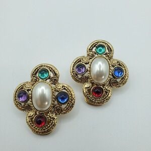 Vendome Womens Clip On Faux Pearl Earrings Gold Multicolor Retro Statement